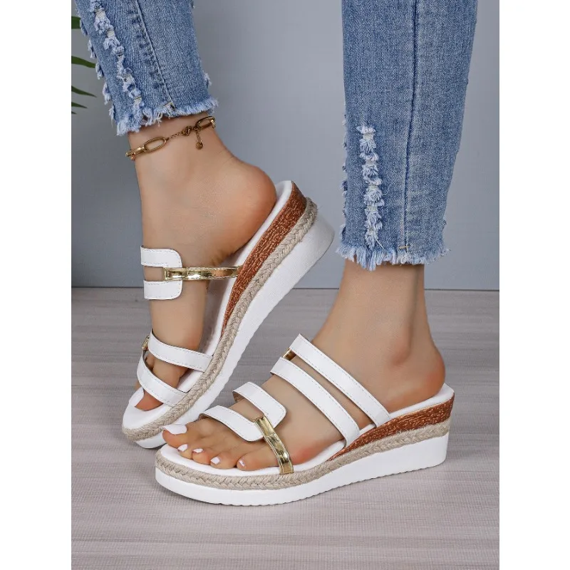 

2025 Summer Casual Color Blocking Sandals for Women Dressy Comfortable Soft Leather Thick Soled Slope Woven Straw Sandals