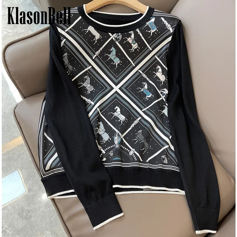 3.8 KlasonBell Classic Animal Print Pattern Silk Spliced Long Sleeve Knitwear Pullover Top Women Clothes