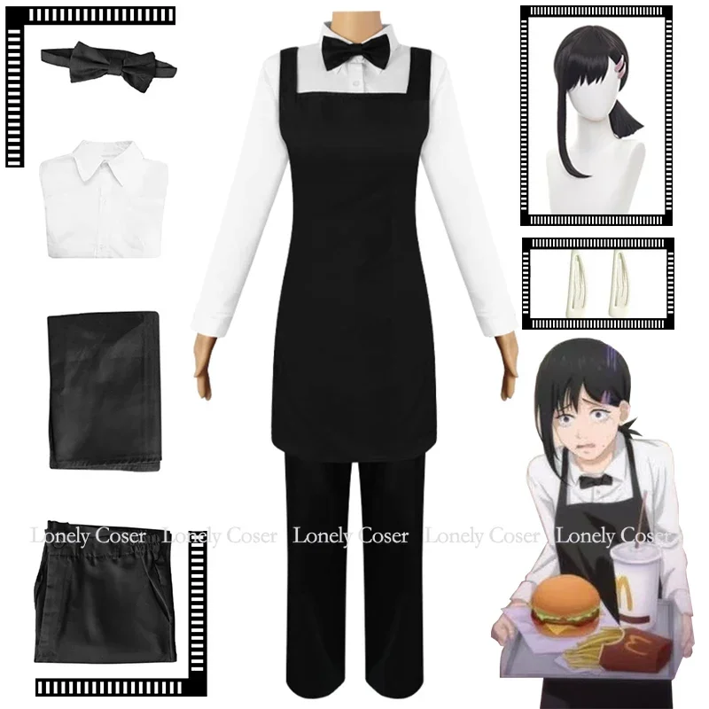 Kobeni Higashiyama Cosplay Costume Anime Chainsaw Man Part 2 Black Wig Hairpins Waiter Waitress Uniform Devil Hunter Outfit