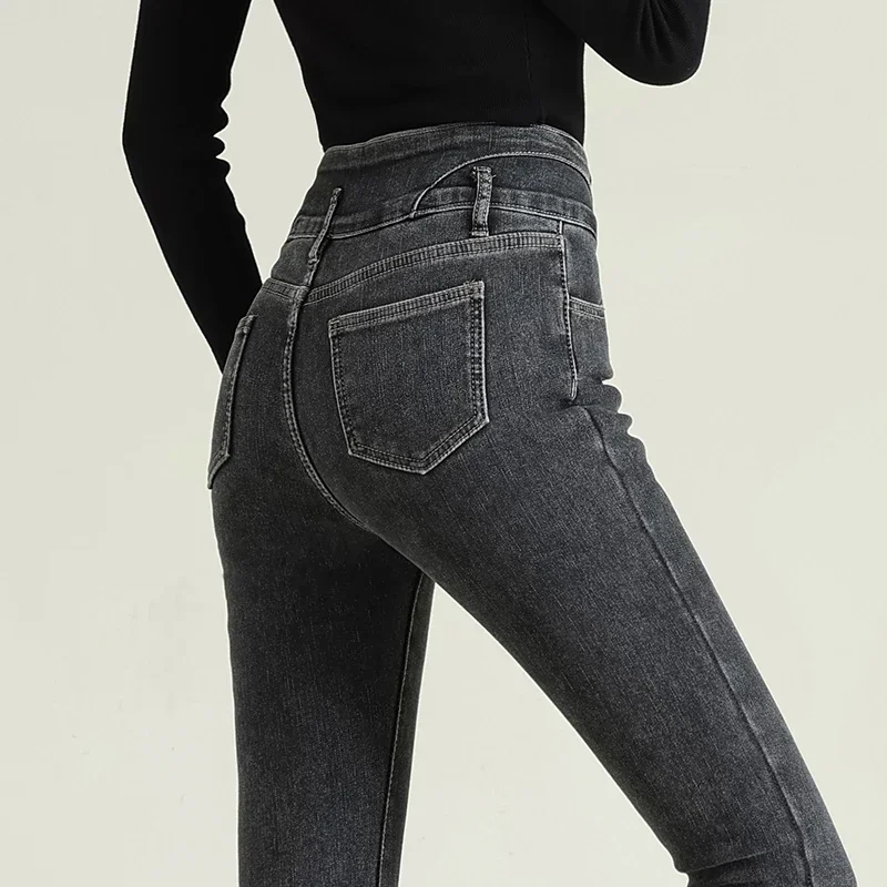 Jeans elasticizzati a vita alta da donna nuovi Blu Nero Grigio Pantaloni lunghi in denim slim popolari multi-bottone alla moda e versatili Donna