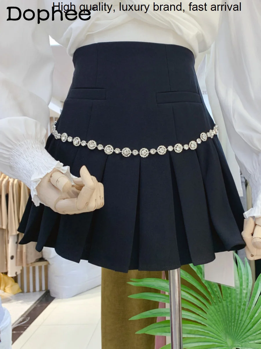 Rhinestone Black Exquisite Short Pleated Chain High Waist French Slimming A- Line Mini Suit Skirt 2023 Spring Autumn Falda