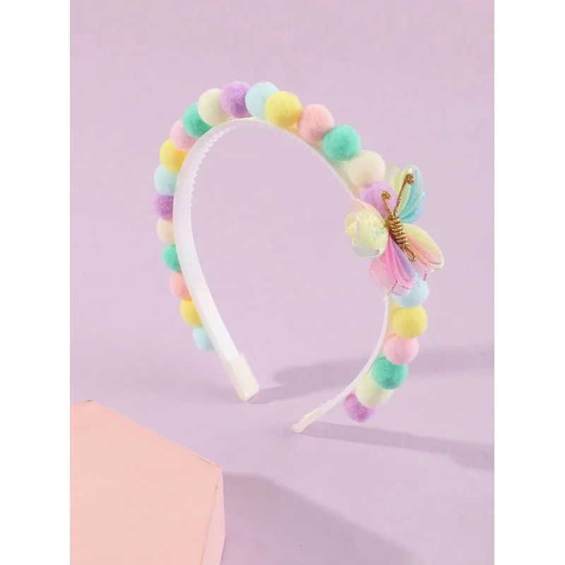 1pc Cute Colorful Pom-Pom & Butterfly Headband for Girls, Sweet for Daily Wear & Gift