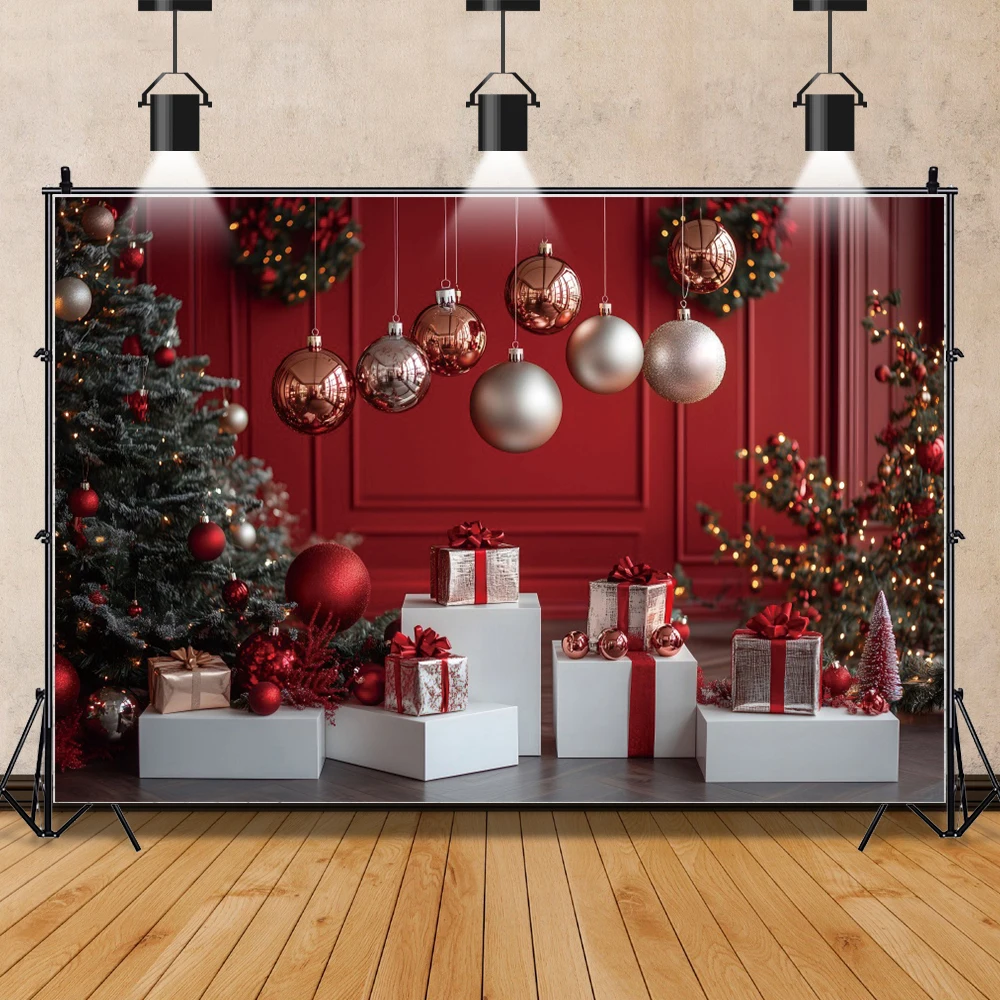 Christmas Vintage Disco Silver Balls Red Wall Background Gift Xmas Tree Party Children Portrait Photography Backdrop Studio Prop