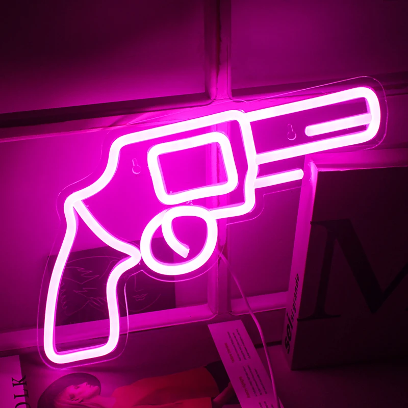 Pink Pistol Shaped Neon Sign LED Room Wall Decor USB Powered Hanging Acrylic With Switch For Bedroom Kids Room Game Room