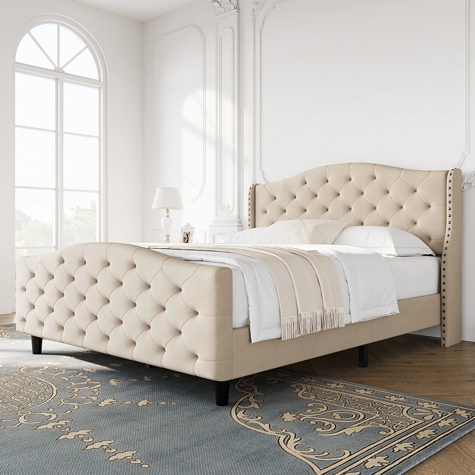 Estrutura de cama king com plataforma estofada e capitoné com cabeceira e estribo, cama de plataforma de veludo com asa elevada e cabeceira traseira