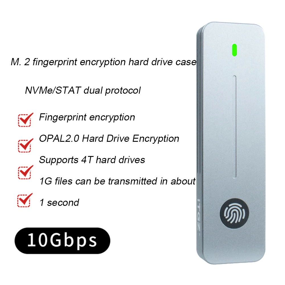 M.2 NVMe SATA SSD الضميمة 10Gbps بصمة مشفرة 10Gbps صندوق قرص الحالة الصلبة الخارجي مفتاح M & B + M لـ 2230/2242/2280 SSD
