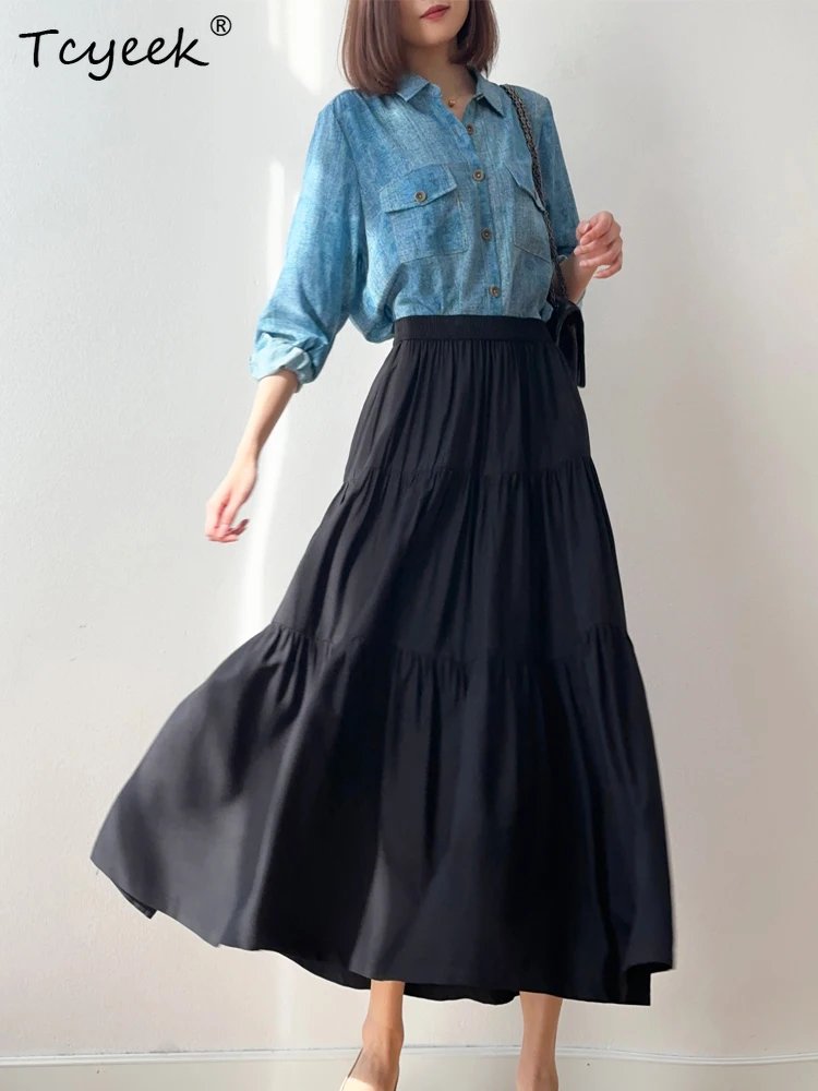 Tcyeek 70% Mulberry Silk +30% Cotton Summer Skirt Beach Skirts Woman Clothes 2025 Fashion Elegant Skirts for Women Юбка Женская
