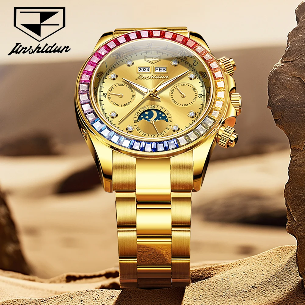 JSDUN 8974 ساعة رجالية ماركة فاخرة ساعة ميكانيكية أوتوماتيكية بالكامل قوس قزح الأحجار الكريمة الحافة مقاوم للماء ساعة رياضية Reloj Hombre