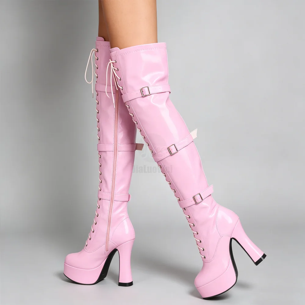 4.5 Inch Heel Black Patent Leather Over The Knee Boots Ultra High Chunky Heel Platform Lace Up Buckle Straps Ruched Gothic Punk