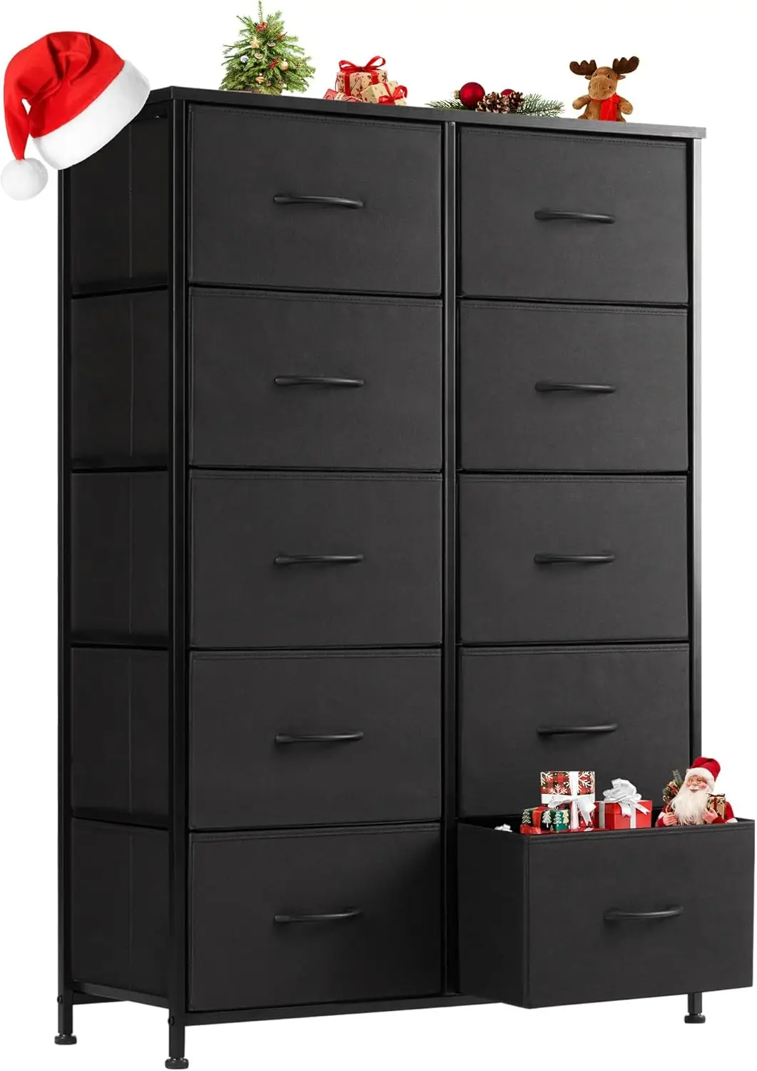 Dresser, Tall for Bedroom, Drawer Organizer Storage with 10 Drawers, Chest of Drawers with Fabric Bin, Steel Frame