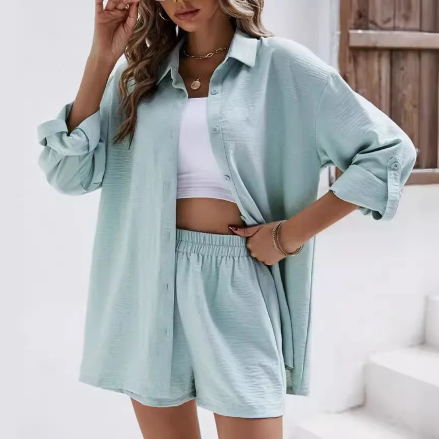 

Women's Two Pieces Suit Full Set Solid Color Turn-down Collar Long Sleeved Shirt Elastic High Waist Shorts Casual Set for Lady