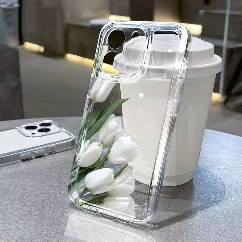 

Aesthetic White Tulip Phone Case for iPhone 17 16 Pro Max 15 Plus 14 11 12 13 Pro Max Air 16E X XS 7 8 Plus TPU Protective Cover