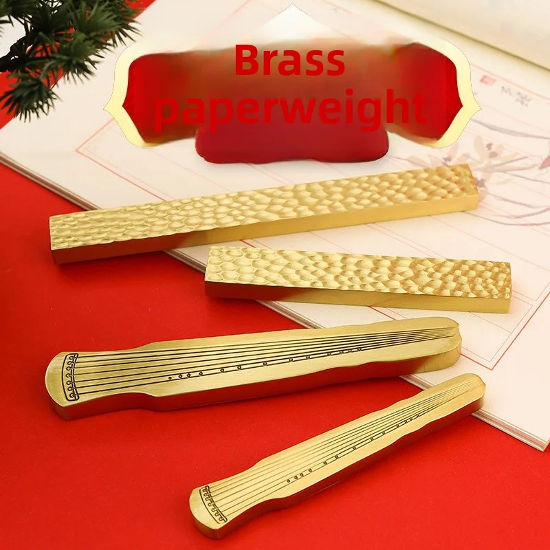 Brass Paper Weight Ruler for Calligraphy, Book Press Set, Guqin & Wave Scale Design, Vintage Student Paper Press Ornament