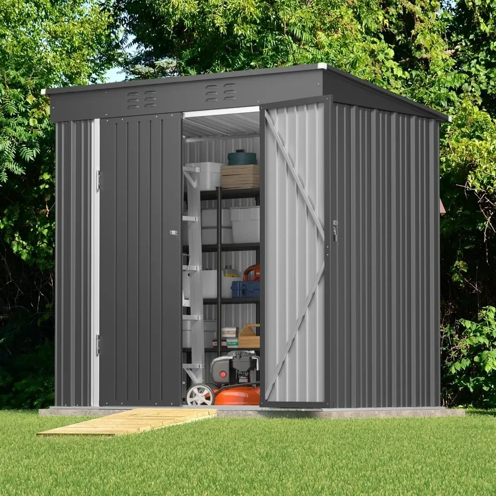 6' x 4' Outdoor Storage Shed with Double Lockable Doors, Anti-Corrosion Metal Garden Shed with Base Frame, Waterproof Shed