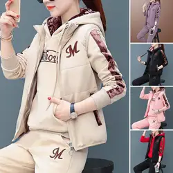 Fashion Warm Three Piece Set Women Outfit 2023 Fall Winter Thicken Tracksuit Casual Waistcoat + Hoodies + Pant Female Sweat Suit