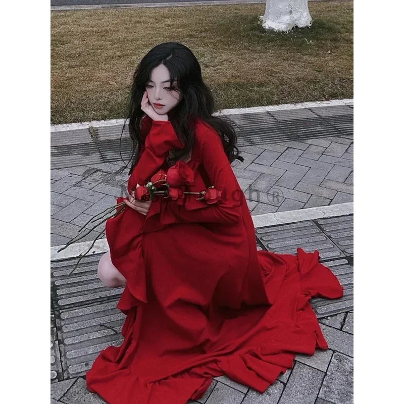 robe-longue-de-styliste-pour-femmes-rouge-vintage-elegante-manches-evasees-douce-a-volants-retro-princesse-irreguliere-automne-2024