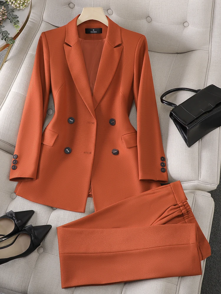 

Office Ladies Pant Suit Elegant Casual Business Work Wear 2 Piece Blazer And Trouser Orange Red Long Sleeve New Women Jacket Set