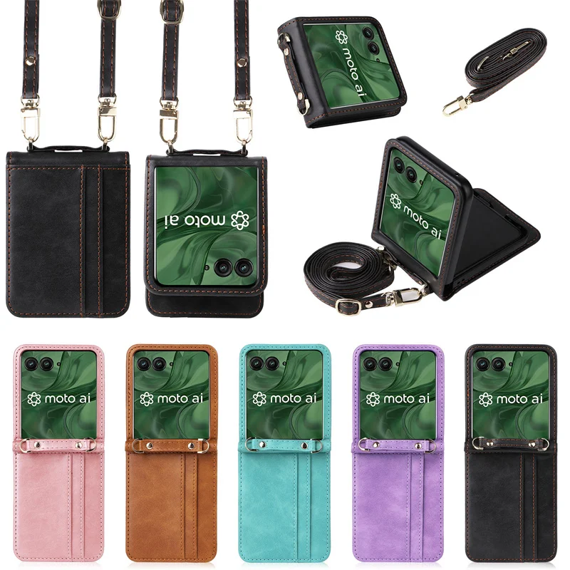 Lanyard Integrated Shockproof Card Slot Leather Case For Motorola Moto Razr Plus 2024 Anti-Scratch Protective Phone Cover