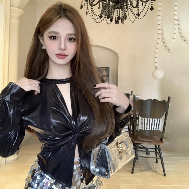 Halterneck V-Neck Long Sleeve Top For Women Silver Slim Fit Sexy Crop Top Party Club Hottie Street Wear All-Match Spring Fall image 6
