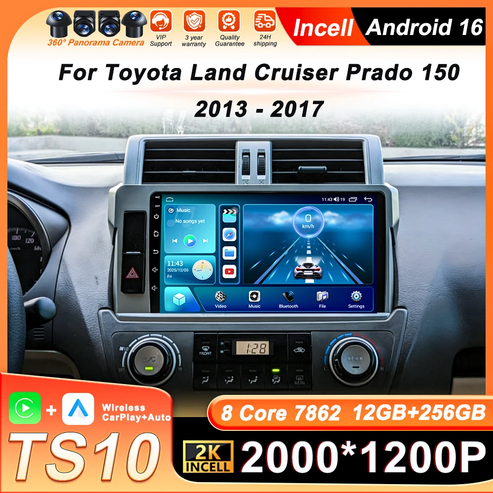 

9-дюймовый экран автомобильной магнитолы с беспроводным CarPlay для Toyota Land Cruiser Prado 150 2013-2017, 8-ядерный процессор, Android 16, GPS-навигация, Bluetooth, Wi-Fi