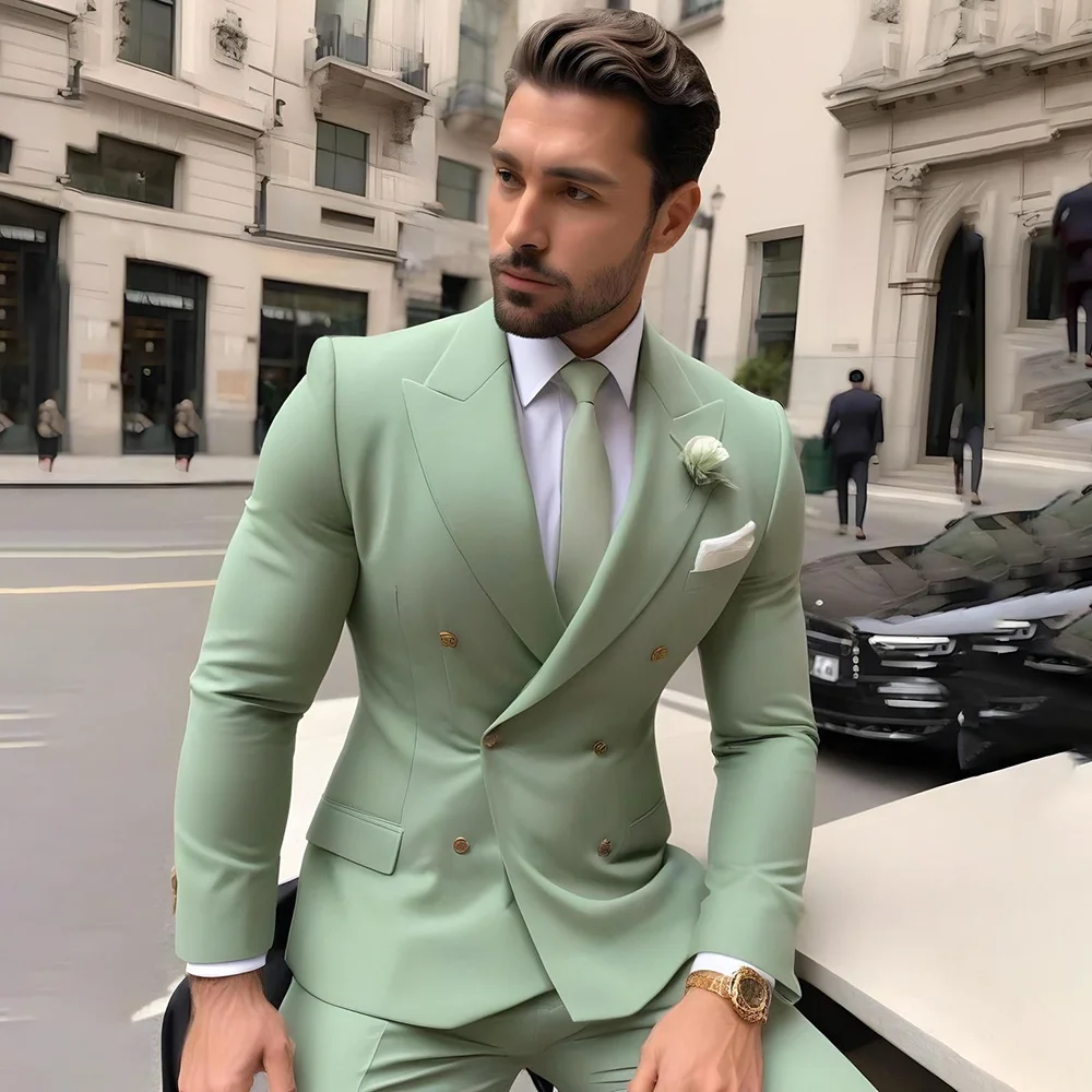 

light Green Double Breasted Men's Suit Wedding Groom Tuxedo Formal Occasion Dinner Party Dress Jacket Pants