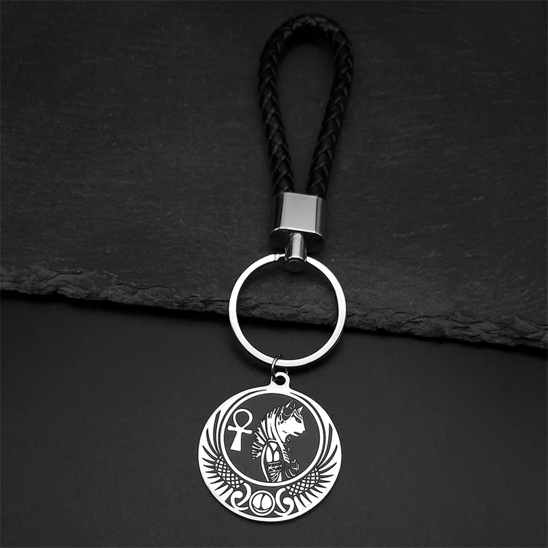 Ägyptischer Gott Bastet Anka Kreuz Leder Schlüsselanhänger für Damen Herren Edelstahl Ägypten Schlüssel des Lebens Medaille Schlüsselanhänger Schmuck Geschenk
