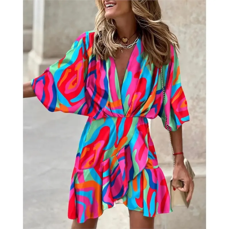 

Summer Bat Sleeves V-Neck Hem Irregular Dress For Women Fashion Casual Ruffle Patchwork Short Dress Roupas Femininas