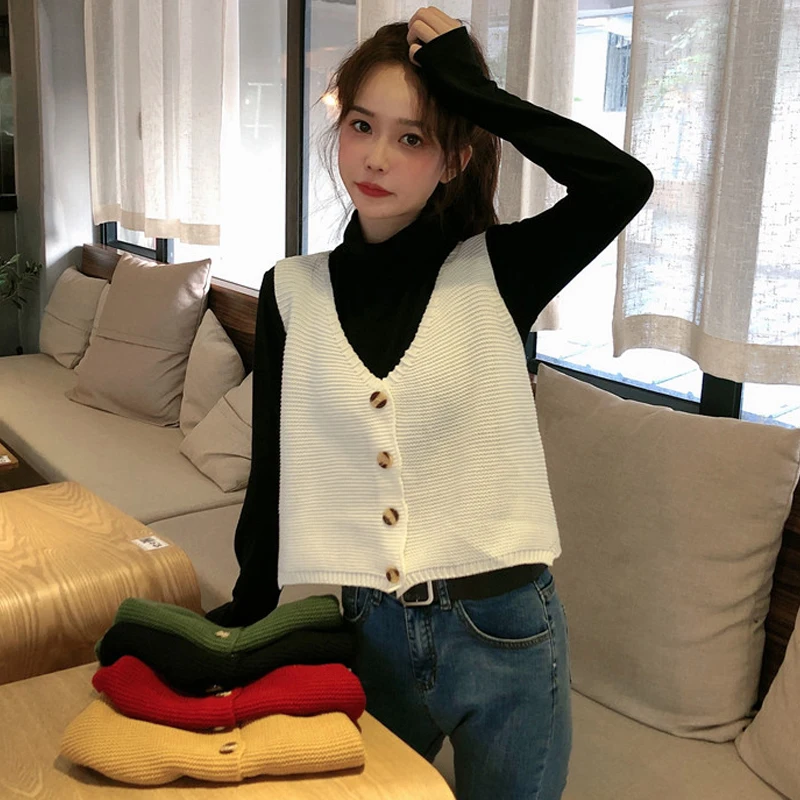 

Свободный вязаный жилет с V-образным вырезом для женщин, укороченный жилет-кардиган, верхняя одежда с подплечниками, однотонный, модный