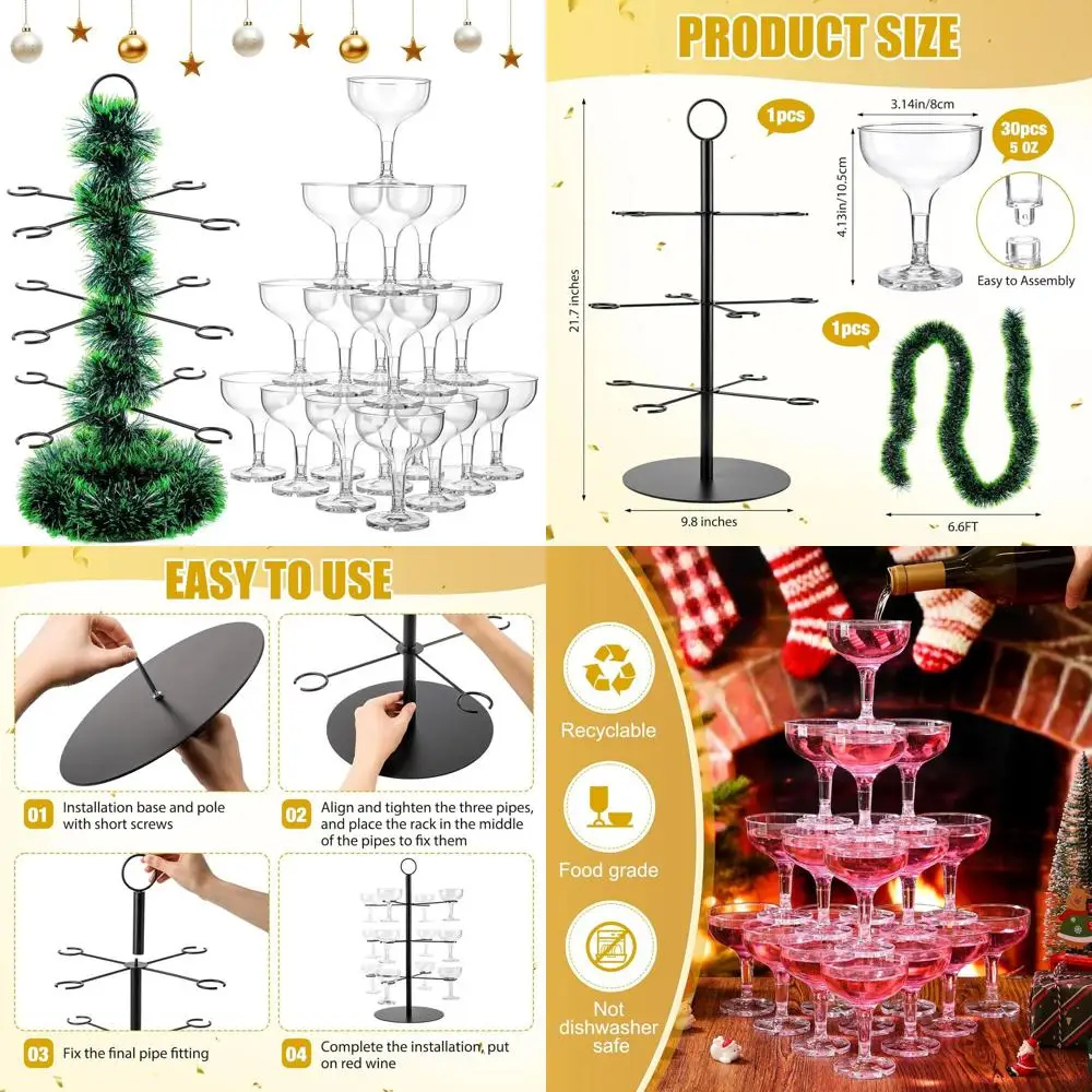 

3-Tier Christmas Tree Stand with Garland, 30 Cups for Drinks, Dark Green Wedding Decor