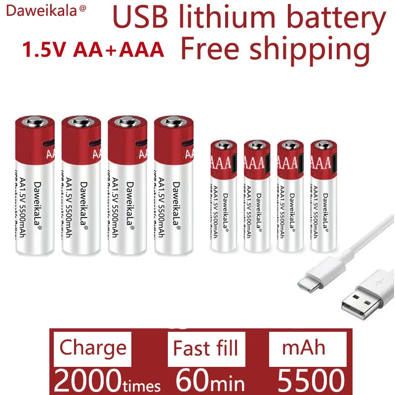 2023 1.5v AA + AAA Large Capacity USB5500mah Rechargeable Lithium Ion Battery AA 1.5V USB Fast Charging Lithium Ion Battery Toy