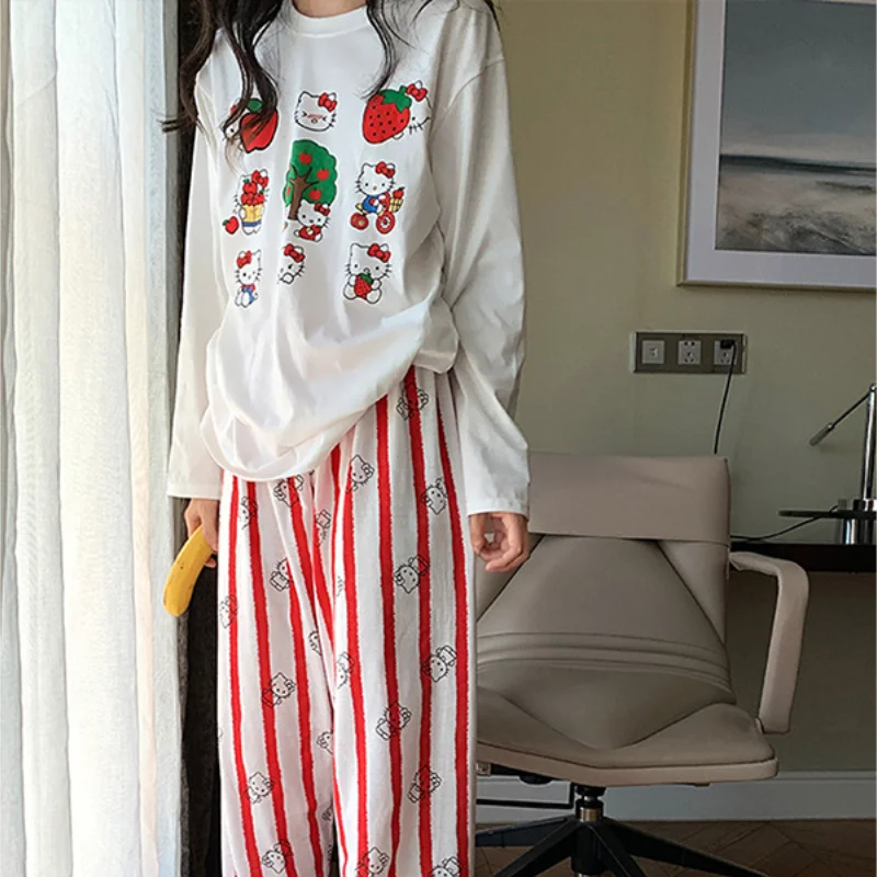 Camiseta de dibujos animados de Hello Kitty para mujer, pantalones de manga larga para chica encantadora, ropa cómoda Kawaii para el hogar, pijamas informales para adolescentes