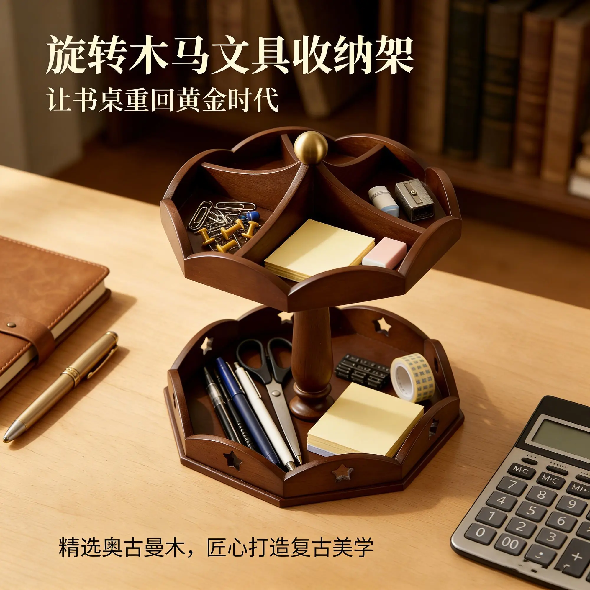 Solid wood double-layer rotating storage rack - vintage style desktop organizer - the ultimate storage solution