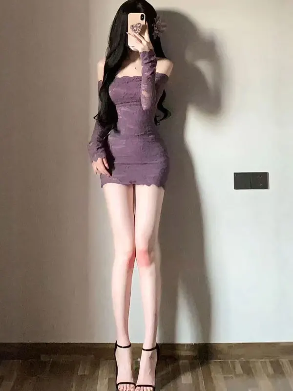 

Pure Desire Sexy Lace Trim Bodycon ort Skirt One oulder Dr Unique Purple Color for Young Women Autumn Winter Faion