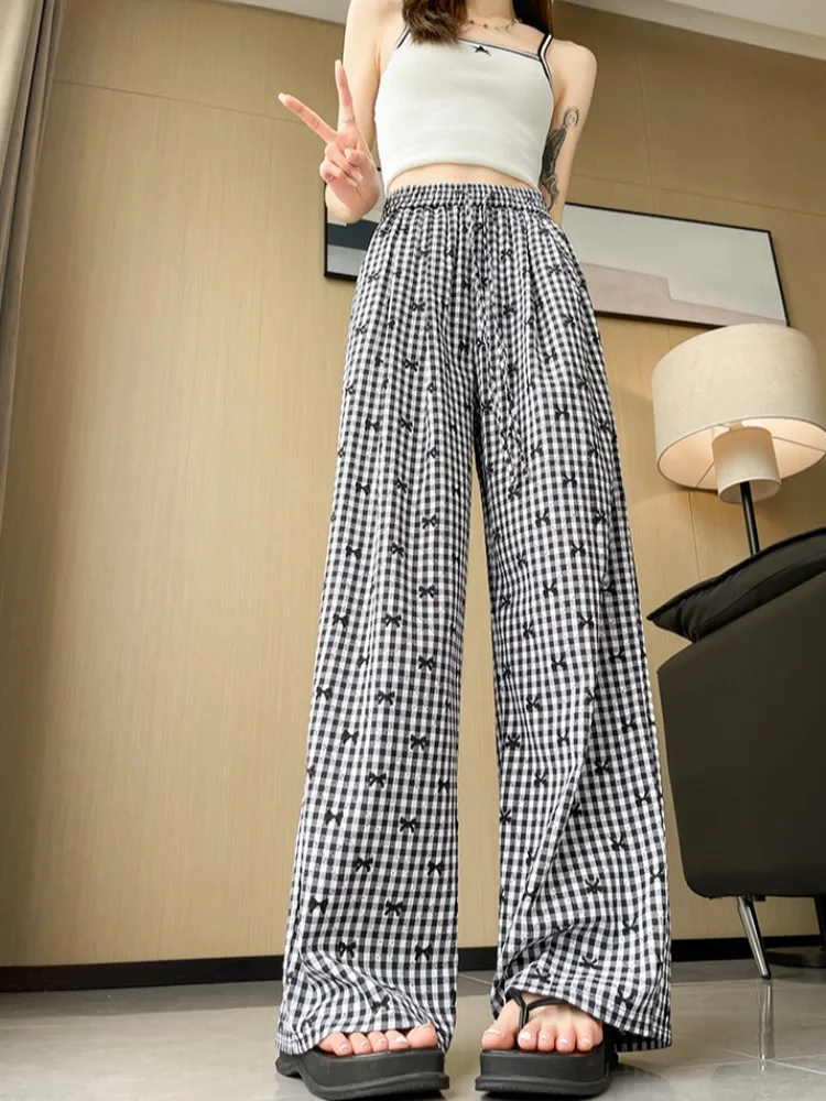Pantalones informales Retro de cintura alta con bordado a cuadros para mujer, novedad de verano, pantalones largos de pierna ancha para caminar adelgazantes con nudo