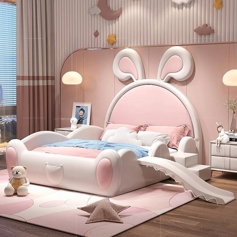 Pink children's bed rabbit ears with slide guardrail light luxury solid wood girl princess girl modern simple home
