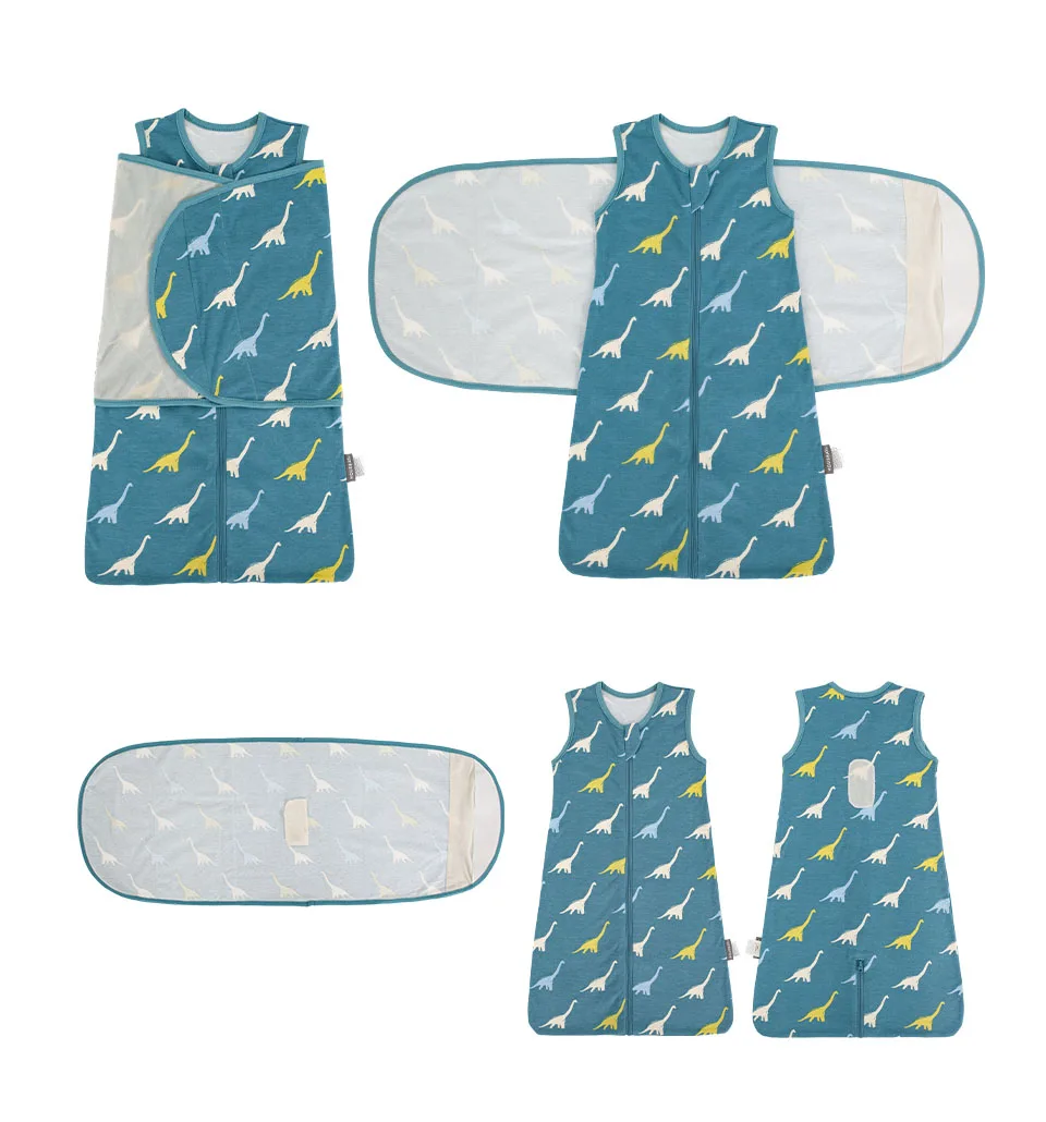 100% Cotton Sleepsack Swaddle 3-Way Removable Adjustable Wearable Blanket Cartoon Dinosaur 0-6 Months Baby Sleeping Bag Tog1.0