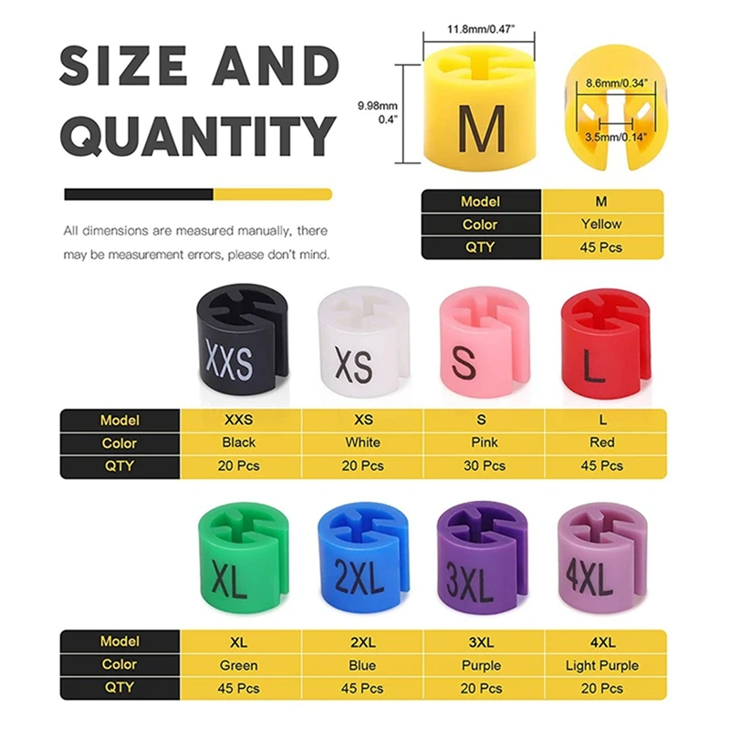 1740 ชิ้น Snap ขายปลีกแขวนเสื้อผ้าขนาดเครื่องหมายแท็กเสื้อผ้า Xxs ถึง 4Xl ขนาดการเข้ารหัสสีแบ่งแขวนป้ายหัวเข็มขัด