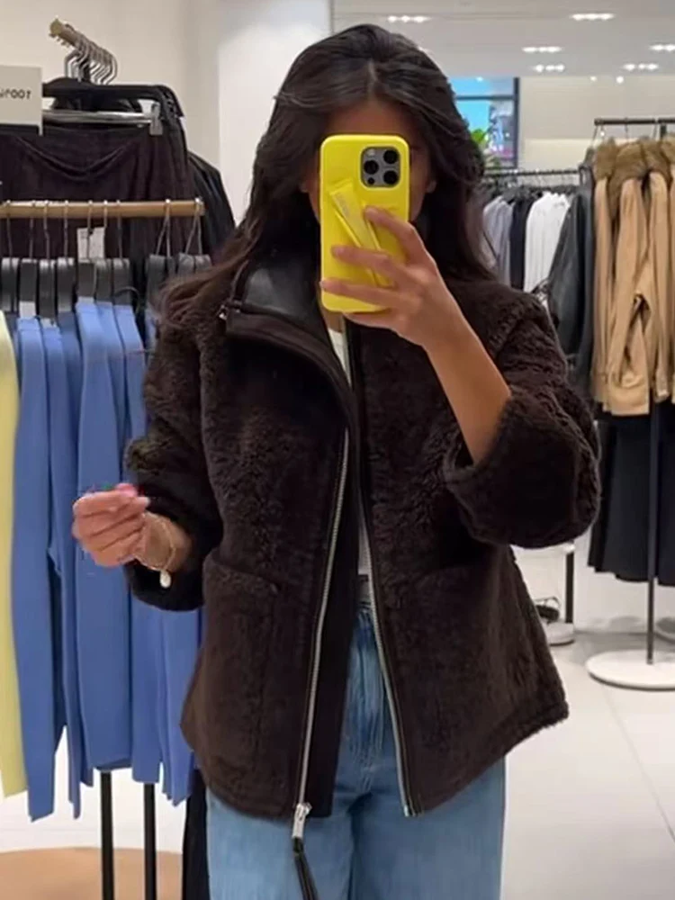 겨울 여성 패션 루즈 퍼 가죽 원피스 코트 가을 신상 터틀넥 칼라 더블 포켓 루즈핏 지퍼 재킷