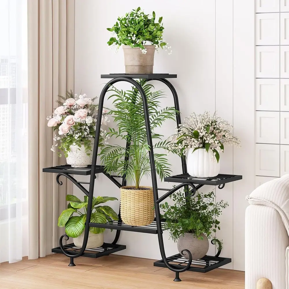 

Металлическая подставка для растений (для дома и улицы) с 6 горшками, высокая полка для гостиной или сада, черная