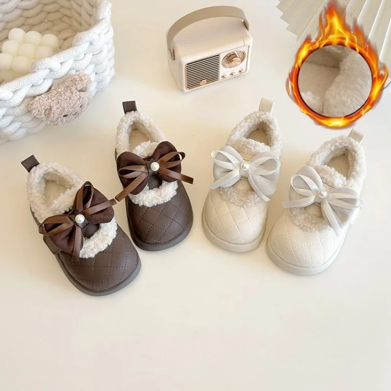 Children Plush Small Leather Shoes Winter New Warm Cotton Shoes Thick Sole Bowknot Girls Shoes Toddler Casual Shoes Kids Loafers