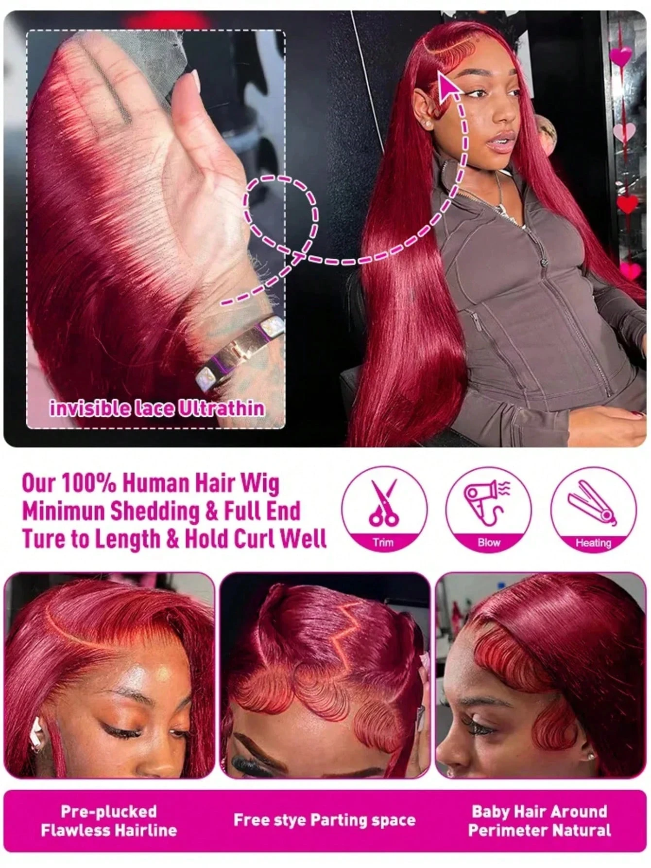 34 Inch 99J Burgundy Lace Front Wigs Human Hair 250%Density Glueless Pre Plucked 13x4 HD Transparent Burgundy Wig Human Hair