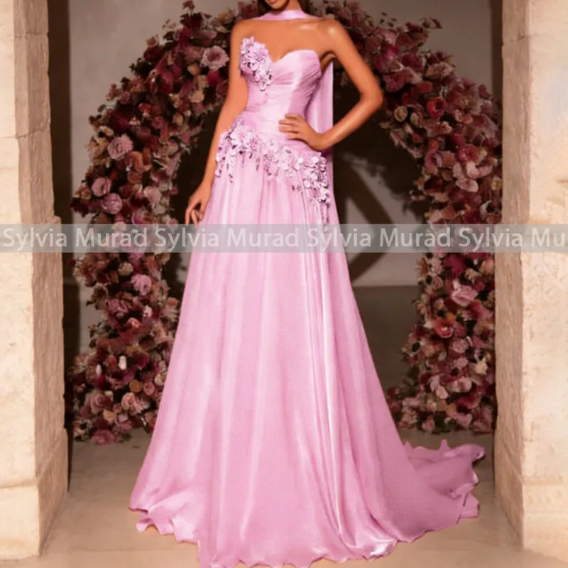 

Pink Floral Appliques Evening Dress Long A Line Customized Sweetheart Neck Prom Dresses Party For Women