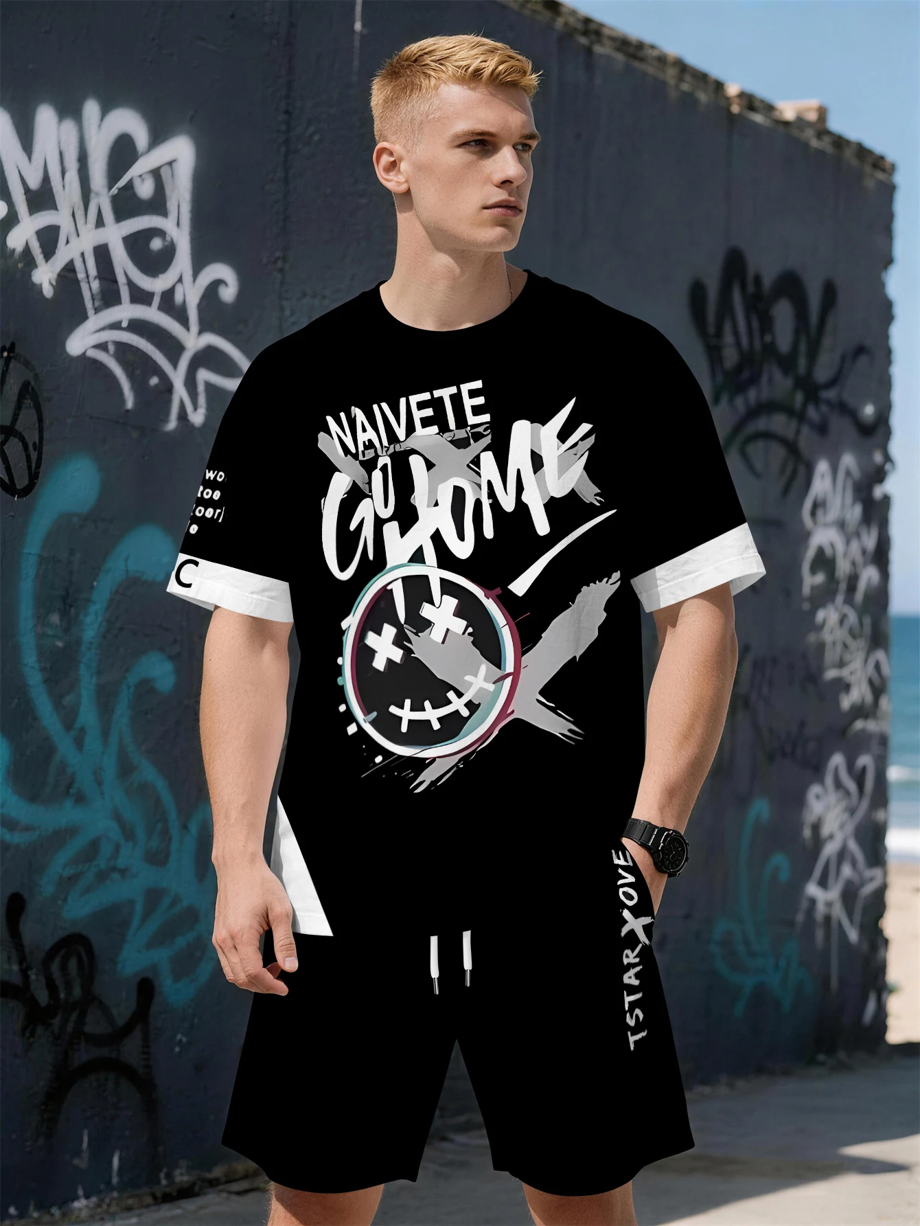 

2026 Summer New Men's Short-Sleeved Set with 3D Trendy Letter Print for Casual and Fashionable Street Style Comfortable and Soft