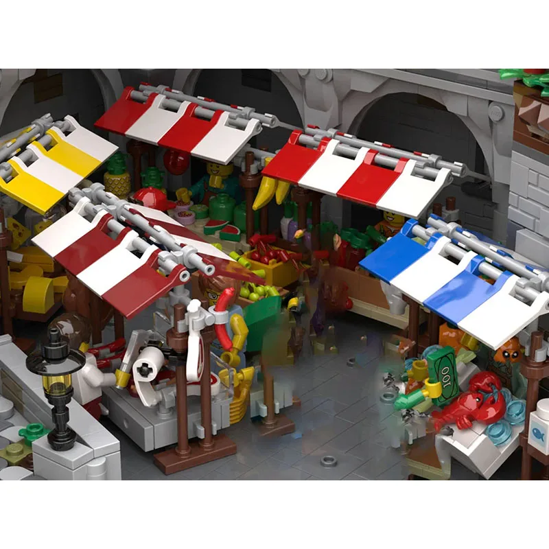 MOC قلعة القرون الوسطى وحدات بناء مركز المدينة المزارعين السوق نموذج لتقوم بها بنفسك تجميع ألعاب خشبية هدية عيد الأطفال
