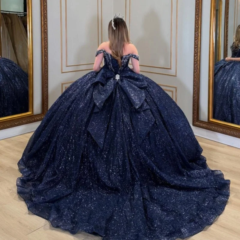 Navy Blue Shiny Princess Quinceanera Dresses Off Shoulder Beading Crystal Bow Tull Sweet 16 Dress Ball Gown Vestidos 15 De Anos