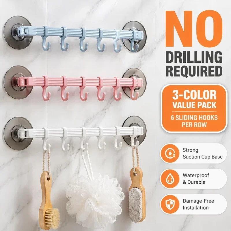 No Drill 6 In 1 Adhesive Wall Hooks Nail Free Heavy Duty Row Hanging Rack For Bathroom Kitchen Towel Clothes Storage