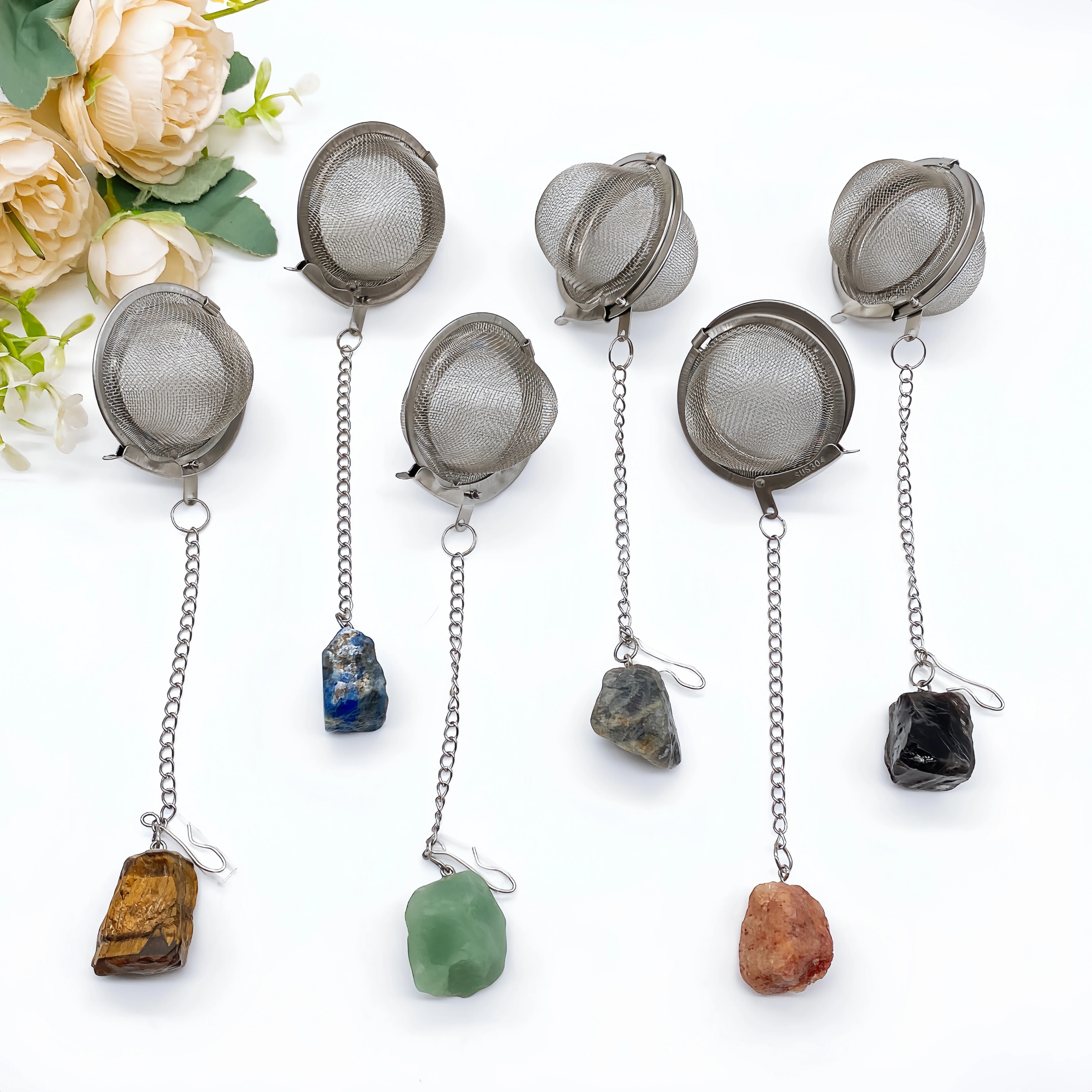 

Natural Crystal Quartz Stone Stainless Steel Tea Leak Proof Mesh Filter Chain Eusable Creative Teapot Infuser Spice Strainer