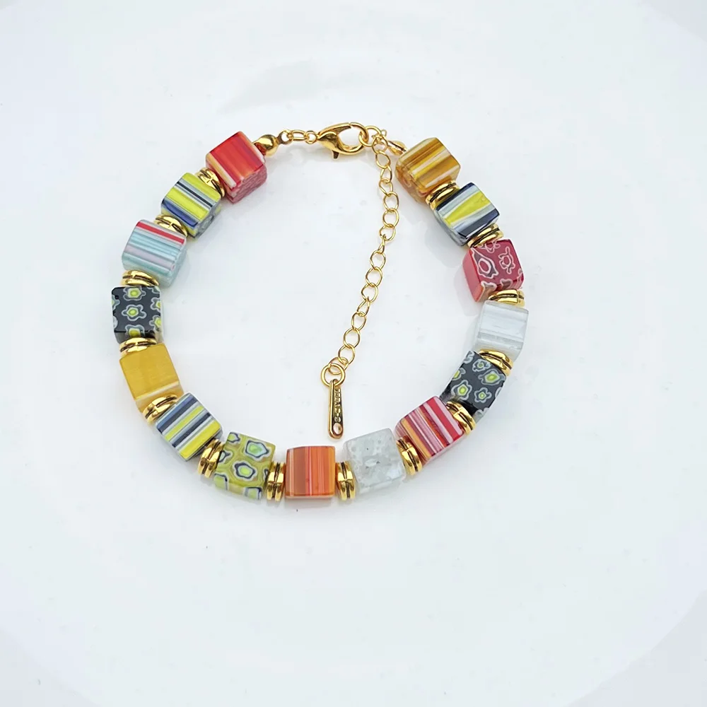 1PCS Vintage Fashion Able Glass MuraThousand Flower Square Colored Bracelet Handmade DIY Weaving Women Jewelry Party Gifts