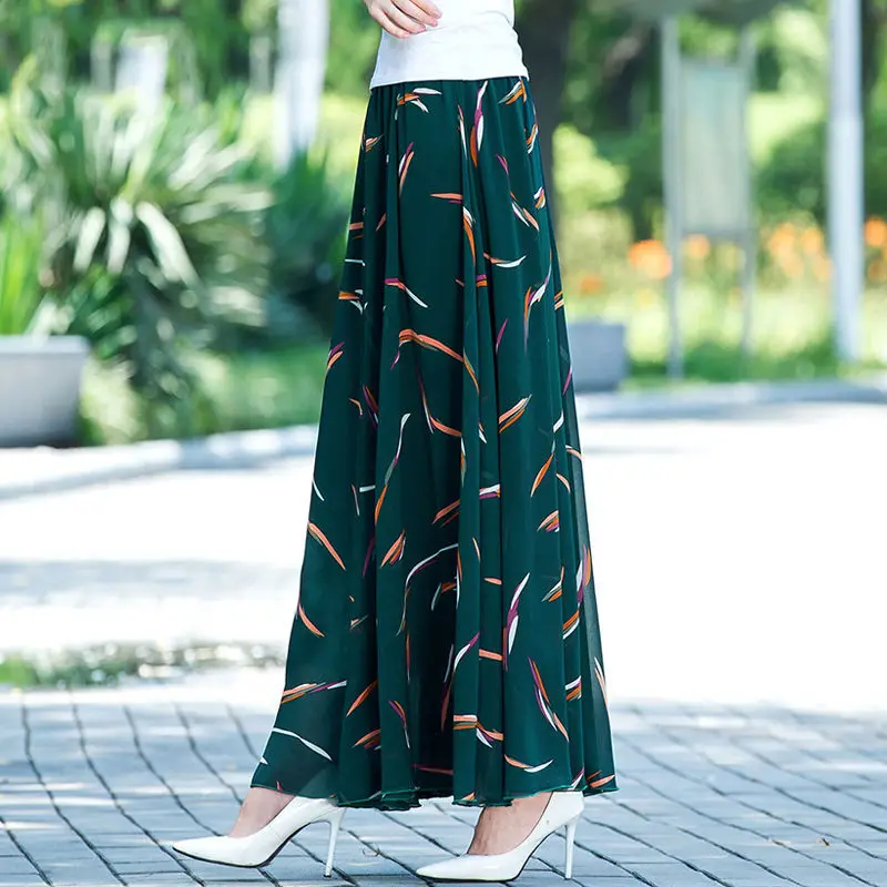 New Spring Summer Chiffon Skirts Ink Painting Print Floral Long Skirt Elegant Chic A-Line Full Length Skirt Ankle Beach Skirts