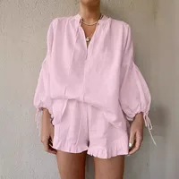 Summer Women's Suit 2-piece Sets For Women Long Puff Sleeves Blouse Loose V-neck Lace Up Summer Outfits Ruffle Shorts Beach Sets - Image 2